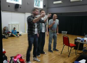 hook, smee and starkey in rehearsal